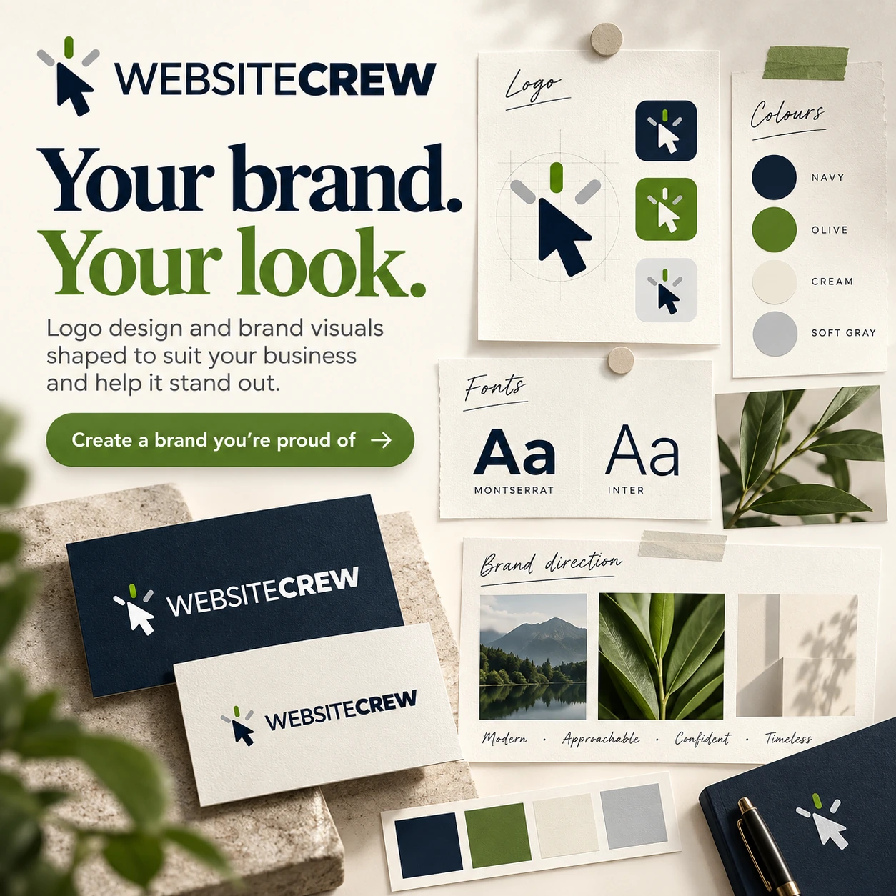 Brand system with logo, colours, typography and brand direction