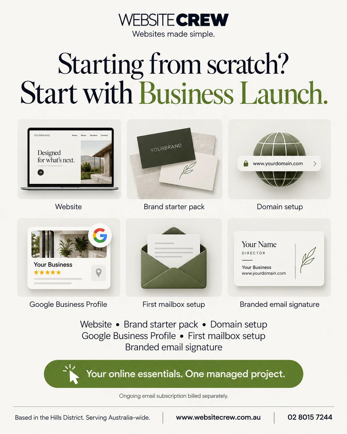 Coordinated business launch setup with website, brand assets and business email