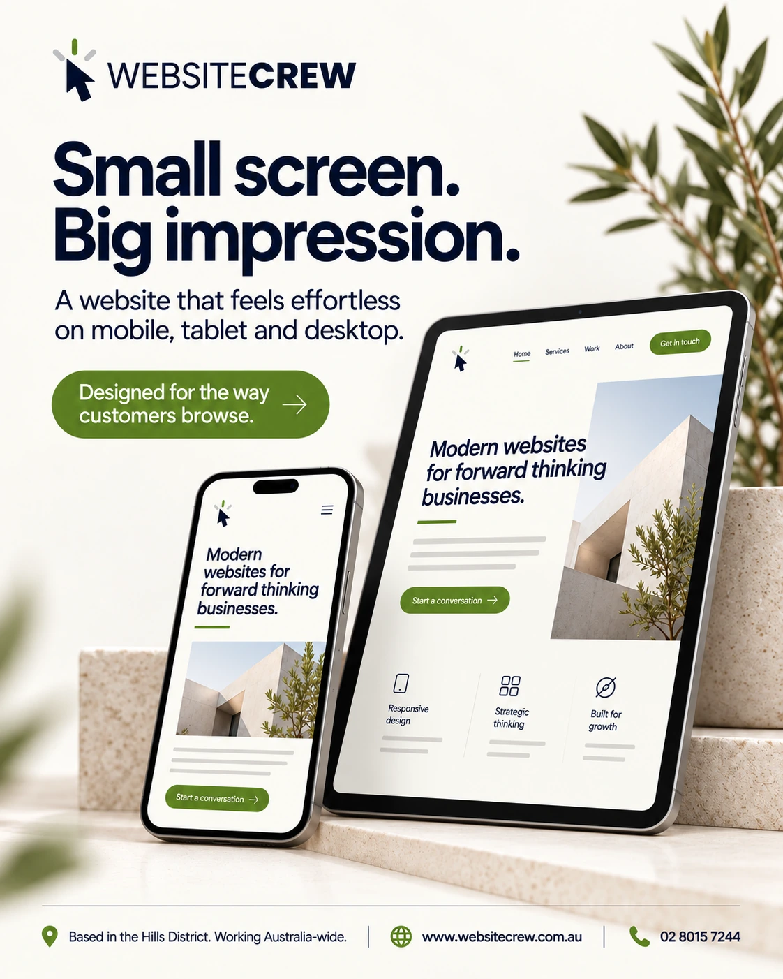 Website layouts shown across phone, tablet and desktop