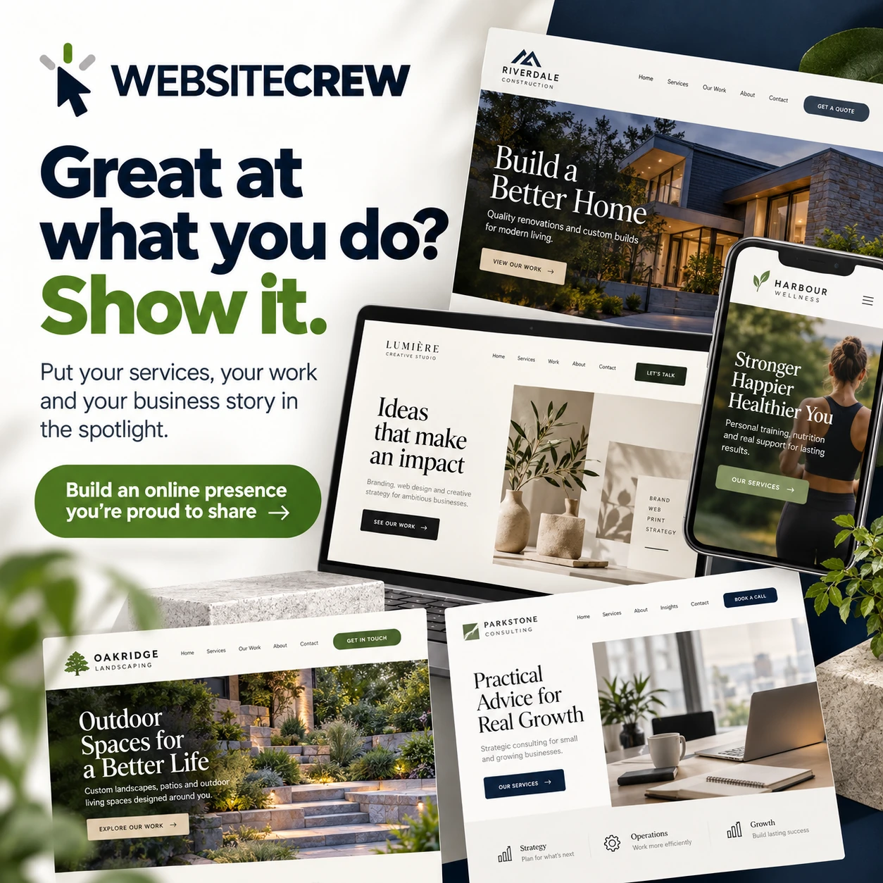 Modern website layouts showcasing business services and project imagery