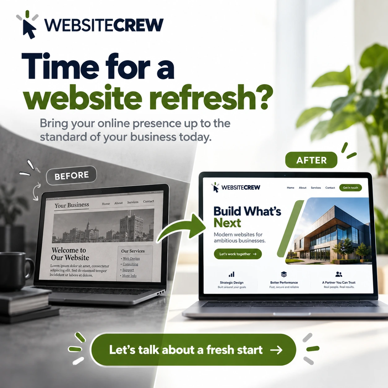 Website refresh shown as a before and after redesign